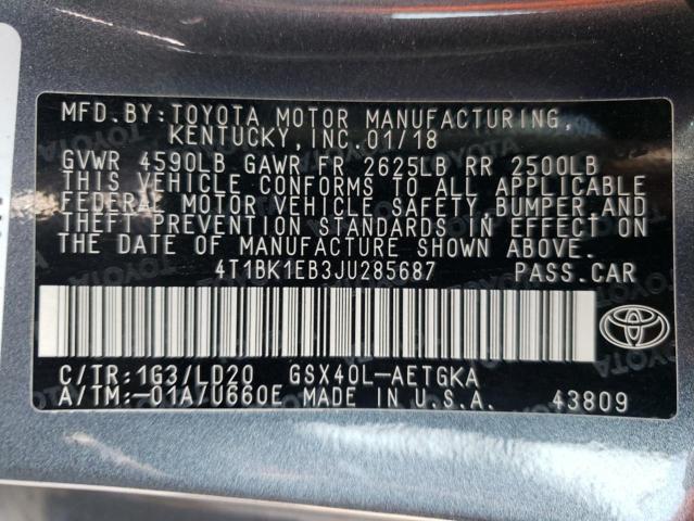 4T1BK1EB3JU285687 - 2018 TOYOTA AVALON XLE GRAY photo 10