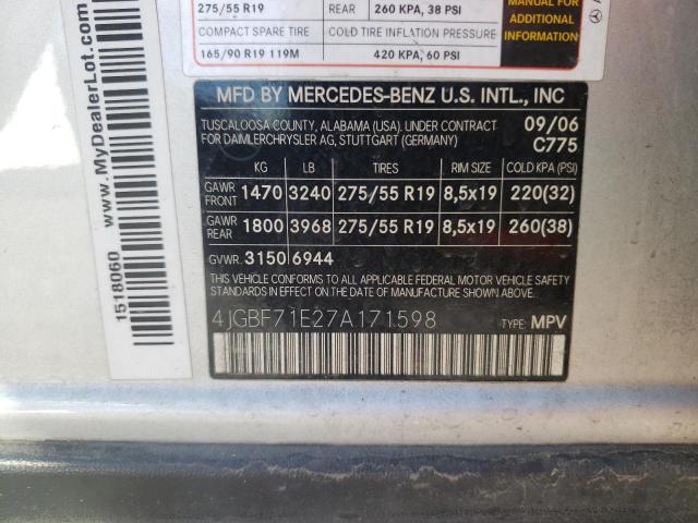 4JGBF71E27A171598 - 2007 MERCEDES-BENZ GL450 SILVER photo 10