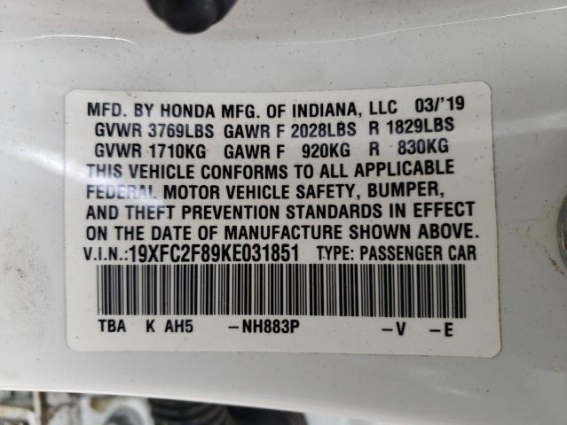 19XFC2F89KE031851 - 2019 HONDA CIVIC SPOR WHITE photo 10