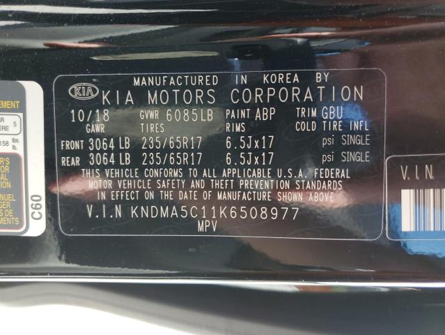 KNDMA5C11K6508977 - 2019 KIA SEDONA L BLACK photo 10