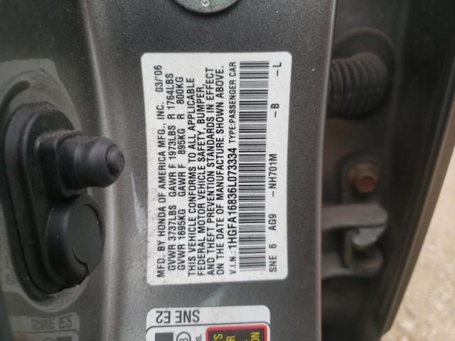 1HGFA16836L073334 - 2006 HONDA CIVIC EX GRAY photo 10