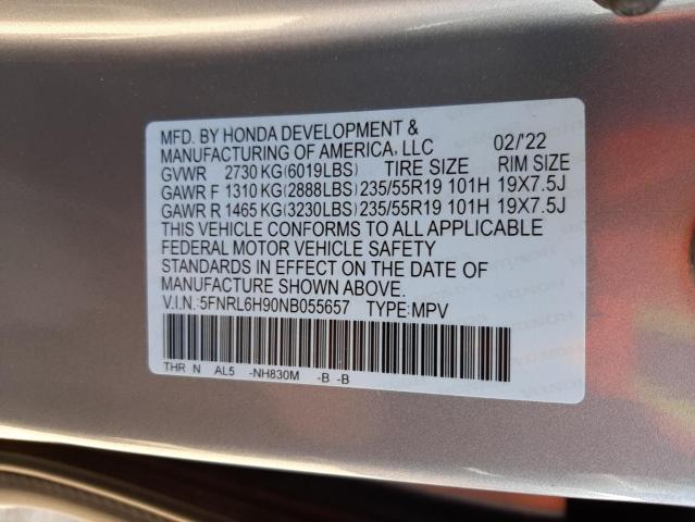 5FNRL6H90NB055657 - 2022 HONDA ODYSSEY ELITE  photo 10