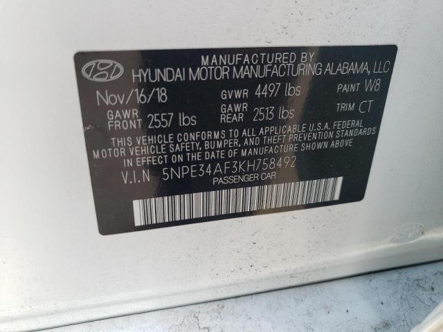 5NPE34AF3KH758492 - 2019 HYUNDAI SONATA LIM WHITE photo 10