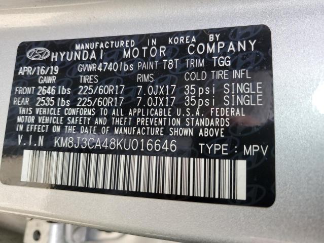 KM8J3CA48KU016646 - 2019 HYUNDAI TUCSON LIM SILVER photo 10