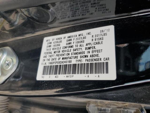 1HGCP2F6XCA240169 - 2012 HONDA ACCORD SE BLACK photo 10