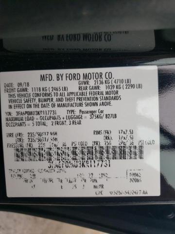 3FA6P0MU3KR117731 - 2019 FORD FUSION SEL BLACK photo 10