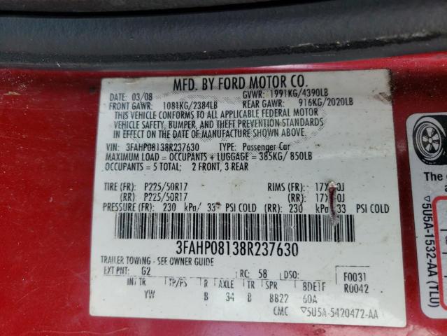 3FAHP08138R237630 - 2008 FORD FUSION SEL RED photo 10