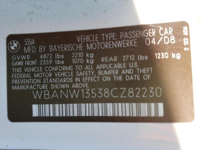 WBANW13538CZ82230 - 2008 BMW 5 SERIES WHITE photo 10