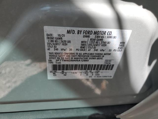 3FTTW8E99NRA12995 - 2022 FORD MAVERICK X GRAY photo 10