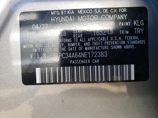 3KPC34A64NE172383 - 2022 HYUNDAI ACCENT SILVER photo 10