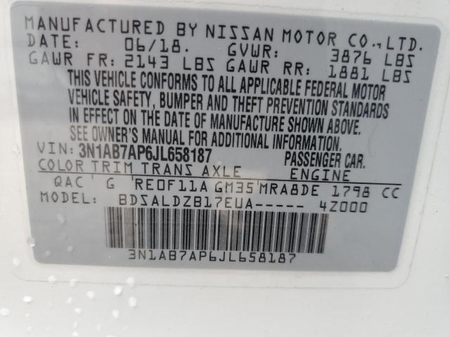 3N1AB7AP6JL658187 - 2018 NISSAN SENTRA S/S WHITE photo 10