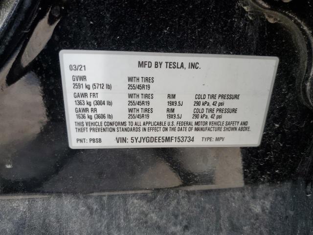 5YJYGDEE5MF153734 - 2021 TESLA MODEL Y أسود صورة 10