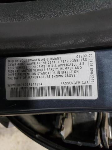 WVWTH63B73P241894 - 2003 VOLKSWAGEN PASSAT GLX Boz foto 10