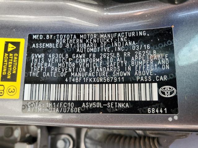 4T4BF1FKXGR567911 - 2016 TOYOTA CAMRY-LE GRAY photo 10