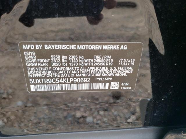 5UXTR9C54KLP90692 - 2019 BMW X3 XDRIVE3 BLACK photo 10