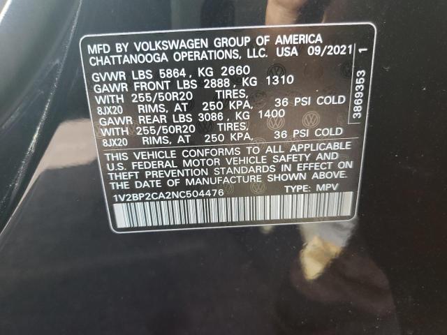 1V2BP2CA2NC504476 - 2022 VOLKSWAGEN ATLAS SEL Qara foto 10