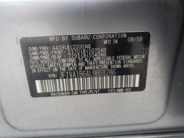 JF1VA1B64L9801286 - 2020 SUBARU WRX PREMIU SILVER photo 10