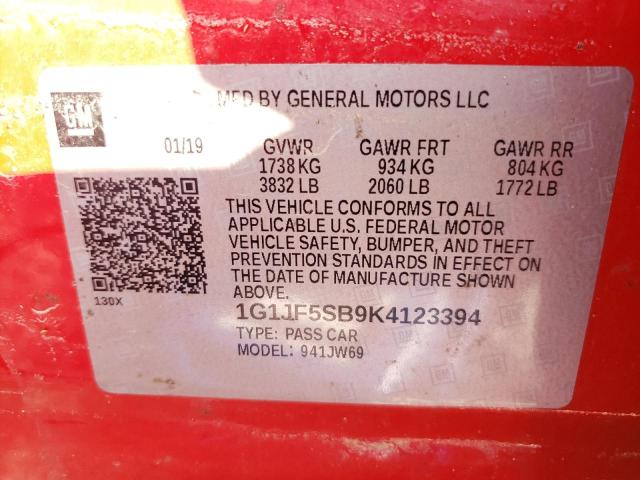 1G1JF5SB9K4123394 - 2019 CHEVROLET SONIC PREM RED photo 10