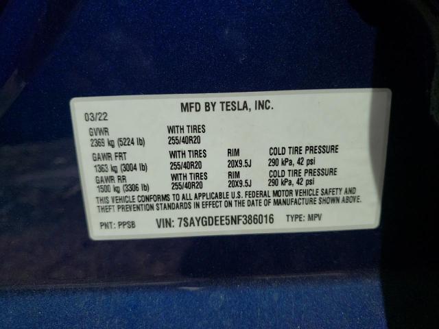 7SAYGDEE5NF386016 - 2022 TESLA MODEL Y أزرق صورة 10