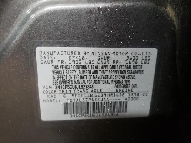 3N1CP5CU8JL521348 - 2018 NISSAN KICKS S GRAY photo 10