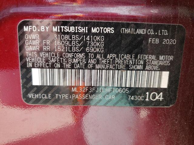 ML32F3FJ1LHF10605 - 2020 MITSUBISHI MIRAGE G4 BURGUNDY photo 10