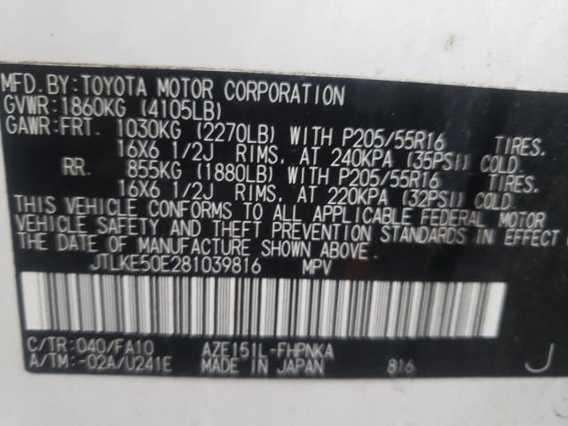 JTLKE50E281039816 - 2008 TOYOTA SCION WHITE photo 10