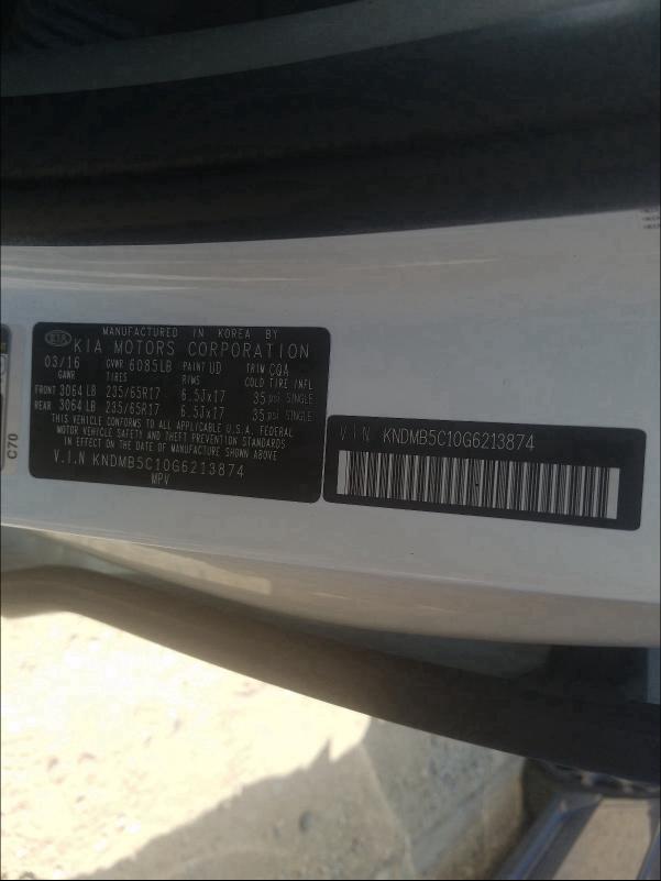 KNDMB5C10G6213874 - 2016 KIA SEDONA LX WHITE photo 10