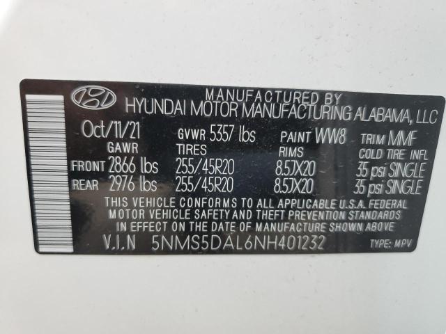 5NMS5DAL6NH401232 - 2022 HYUNDAI SANTA FE C WHITE photo 10