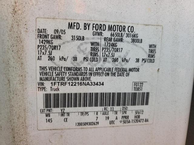 1FTRF12216NA33434 - 2006 FORD F150 WHITE photo 10