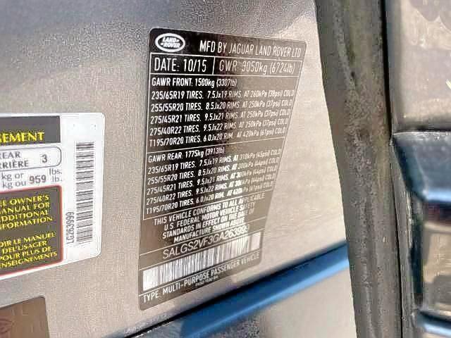 SALGS2VF3GA263999 - 2016 LAND ROVER RANGE ROVE GRAY photo 10