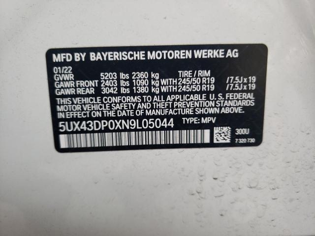 5UX43DP0XN9L05044 - 2022 BMW X3 SDRIVE3 WHITE photo 10