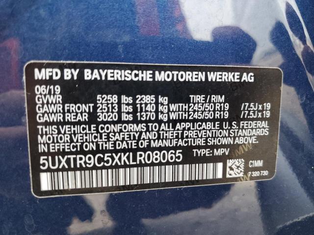 5UXTR9C5XKLR08065 - 2019 BMW X3 XDRIVE3 BLUE photo 10