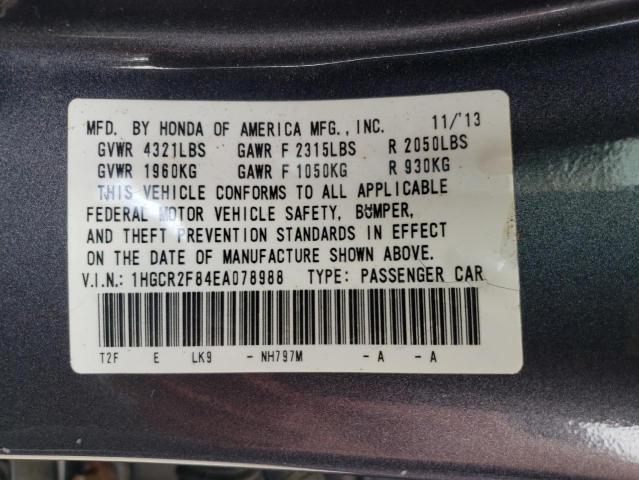 1HGCR2F84EA078988 - 2014 HONDA ACCORD EXL GRAY photo 10