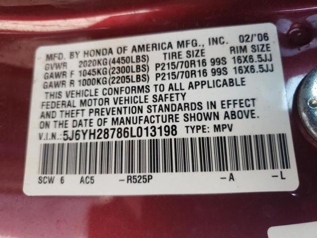 5J6YH28786L013198 - 2006 HONDA ELEMENT EX MAROON photo 10