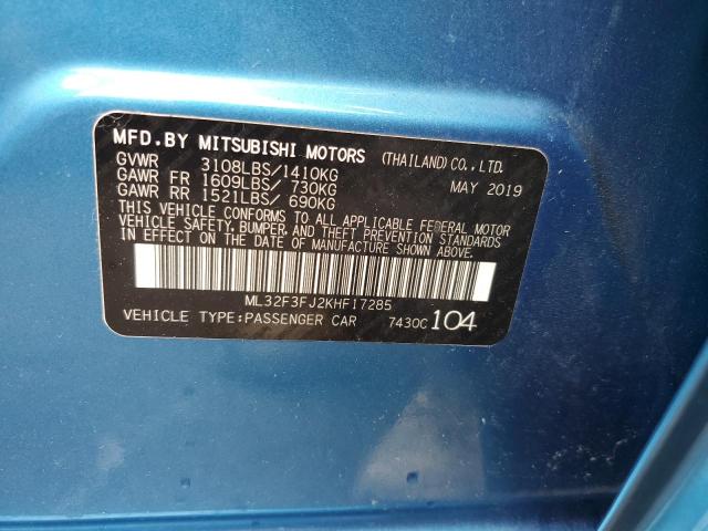 ML32F3FJ2KHF17285 - 2019 MITSUBISHI MIRAGE G4 BLUE photo 10