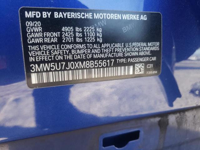 3MW5U7J0XM8B55617 - 2021 BMW M340I BLUE photo 10