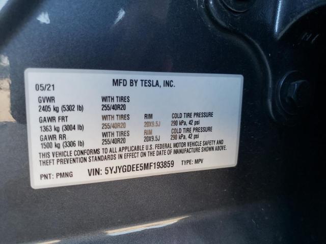 5YJYGDEE5MF193859 - 2021 TESLA MODEL Y Графитовый фото 10
