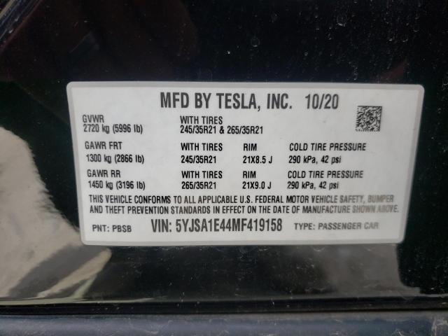 5YJSA1E44MF419158 - 2021 TESLA MODEL S Negro foto 10