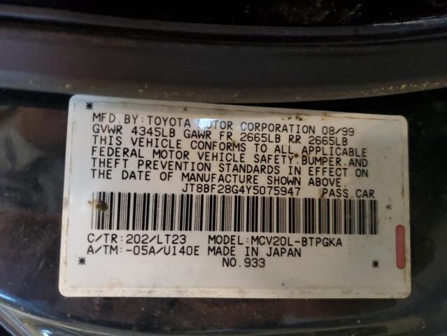 JT8BF28G4Y5075947 - 2000 LEXUS ES 300 BLACK photo 10