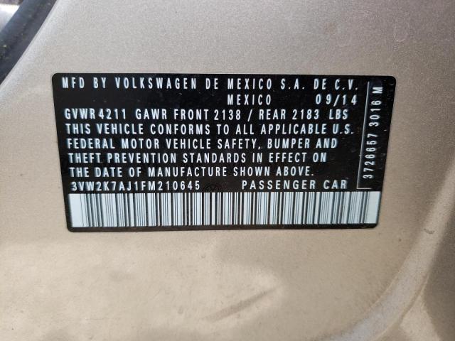 3VW2K7AJ1FM210645 - 2015 VOLKSWAGEN JETTA BASE BEIGE photo 10