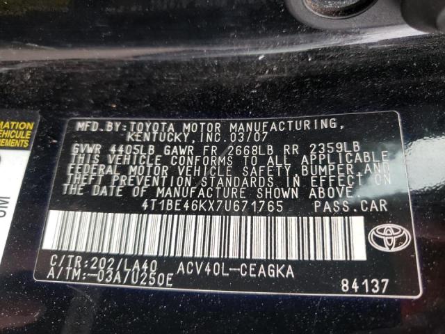 4T1BE46KX7U671765 - 2007 TOYOTA CAMRY CE BLACK photo 10