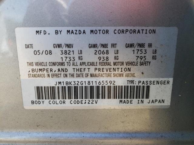 JM1BK32G181165592 - 2008 MAZDA 3 I SILVER photo 10