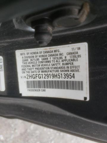 2HGFG12919H513954 - 2009 HONDA CIVIC EXL Boz foto 10