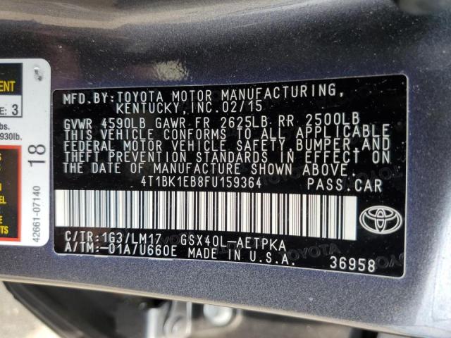 4T1BK1EB8FU159364 - 2015 TOYOTA AVALON XLE CHARCOAL photo 10