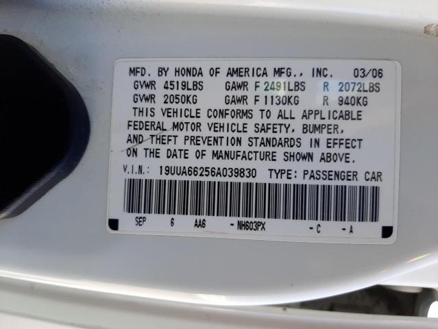 19UUA66256A039830 - 2006 ACURA 3.2TL WHITE photo 10