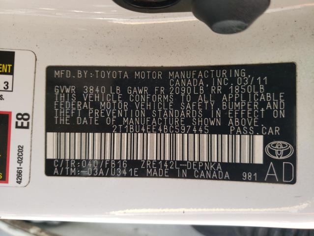 2T1BU4EE4BC597445 - 2011 TOYOTA COROLLA BASE  photo 10