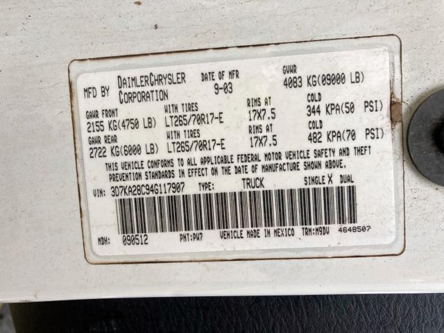 3D7KA28C94G117907 - 2004 DODGE RAM 2500 S Սպիտակ լուսանկար 10