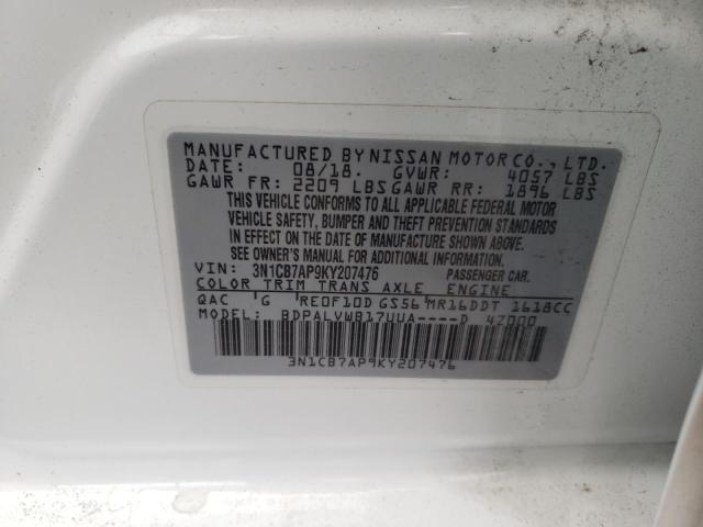 3N1CB7AP9KY207476 - 2019 NISSAN SENTRA SR WHITE photo 10