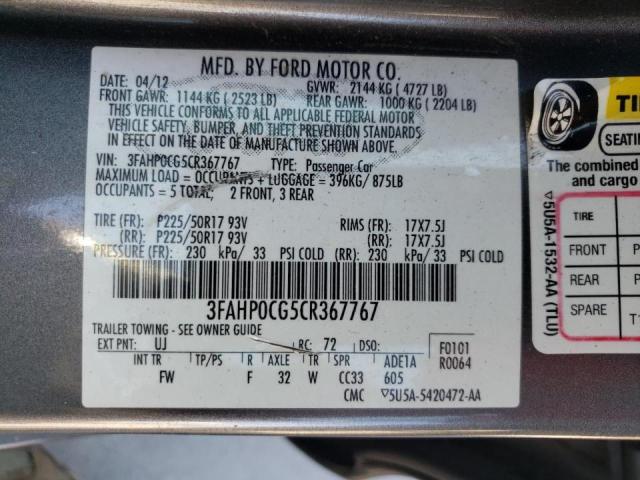 3FAHP0CG5CR367767 - 2012 FORD FUSION SEL CHARCOAL photo 10