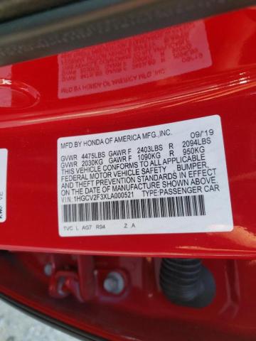 1HGCV2F3XLA000521 - 2020 HONDA ACCORD SPO წითელი ფოტო 10